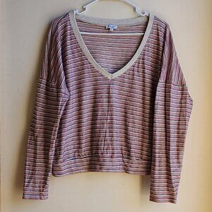 Splendid Red/Cream/Black Striped V-Neck Sweater Size XL